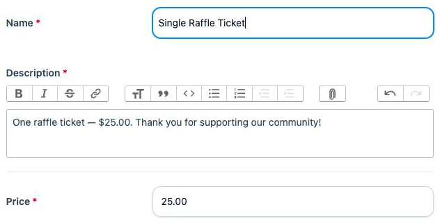 RRaffle organizer product form demonstration with a ticket name, description, and example price of 25 dollars